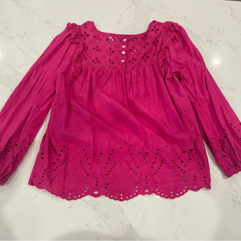 NWOT Jennifer & Grace hot pink eyelet long sleeve blouse - Picture 8 of 16